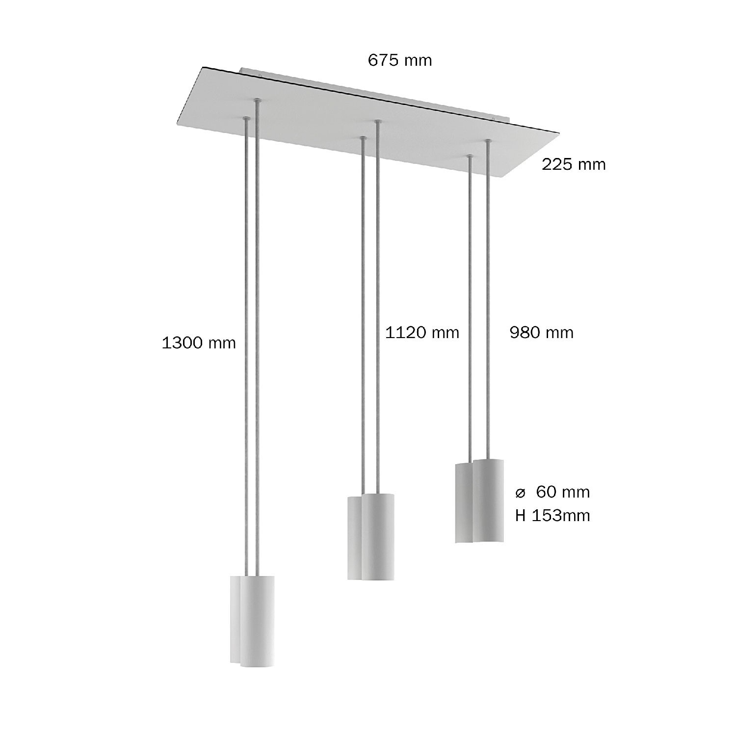 6 lichts-hanglamp voorzien van XXL rechthoekige Rose-One 675 mm compleet met strijkijzersnoer en Tub E14 metalen lampenkap