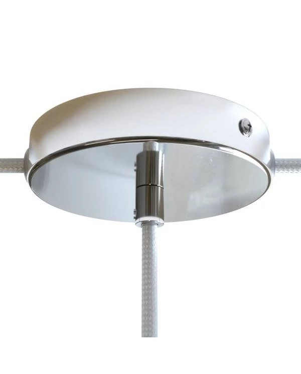 Strak design 120 mm. cilindrische metalen plafondkap met 1 centraal gat en 2 zijgaten en toebehoren