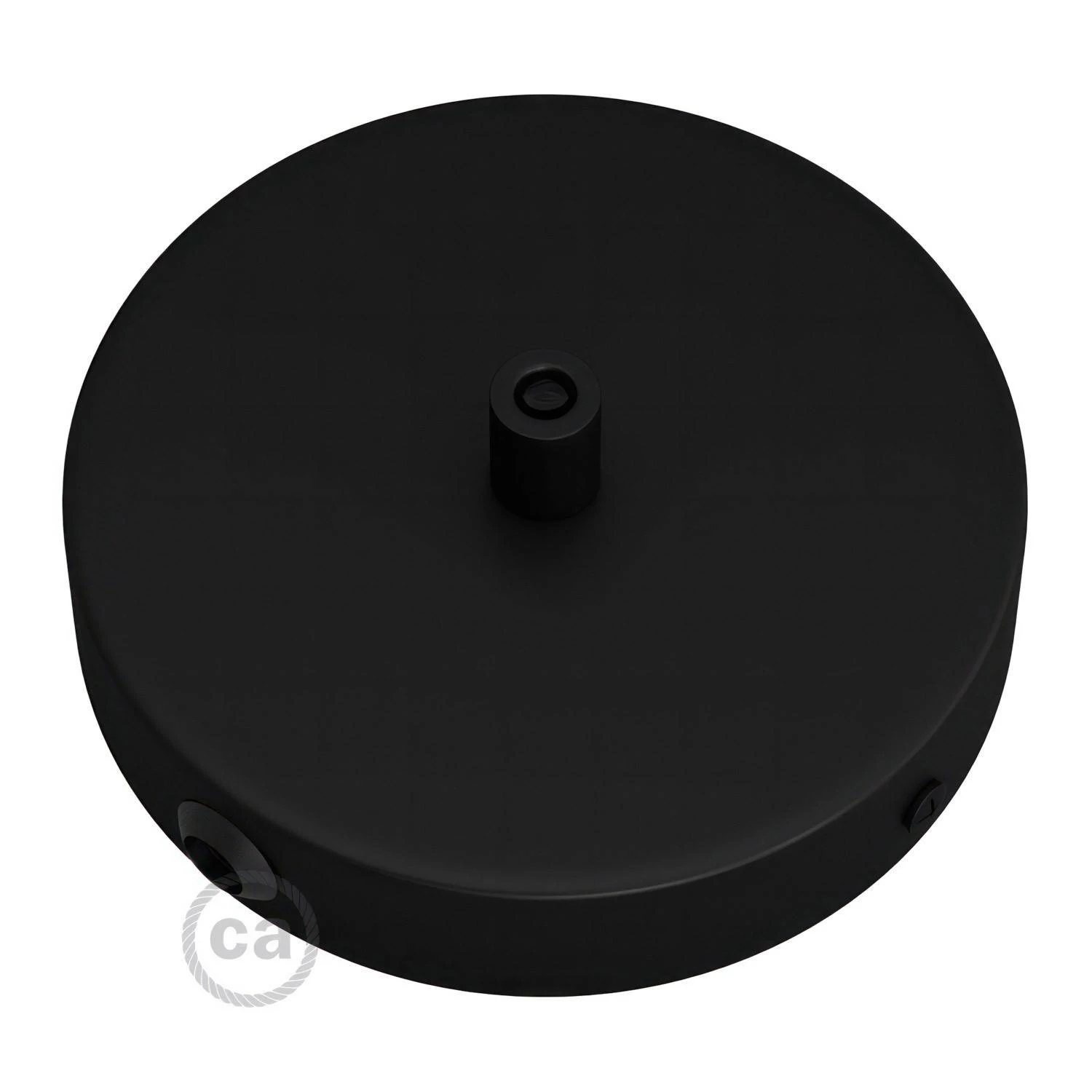 Strak design 120 mm. cilindrische metalen plafondkap met 1 centraal gat en 2 zijgaten en toebehoren