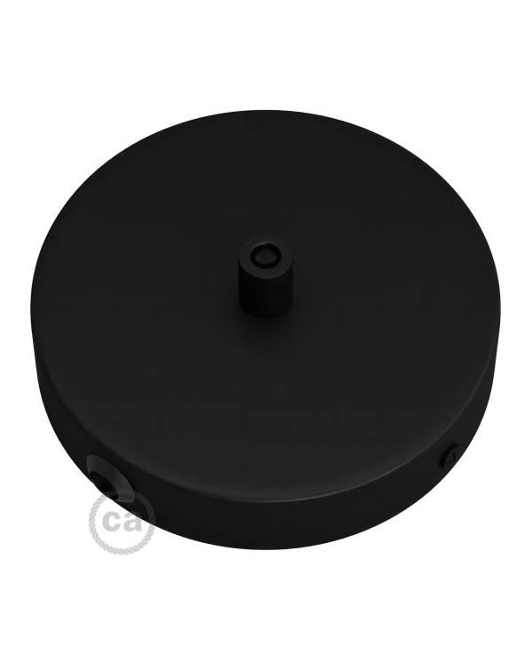 Strak design 120 mm. cilindrische metalen plafondkap met 1 centraal gat en 2 zijgaten en toebehoren