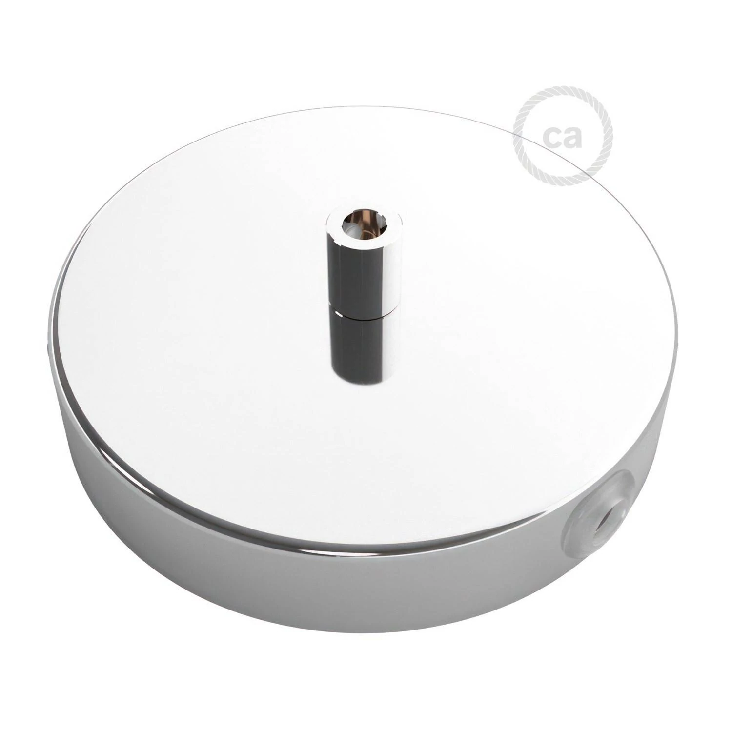 Strak design 120 mm. cilindrische metalen plafondkap met 1 centraal gat en 2 zijgaten en toebehoren