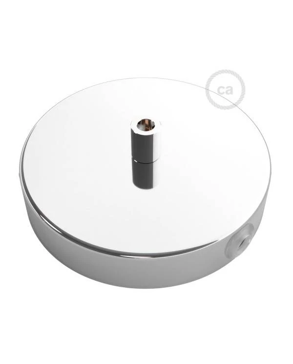 Strak design 120 mm. cilindrische metalen plafondkap met 1 centraal gat en 2 zijgaten en toebehoren