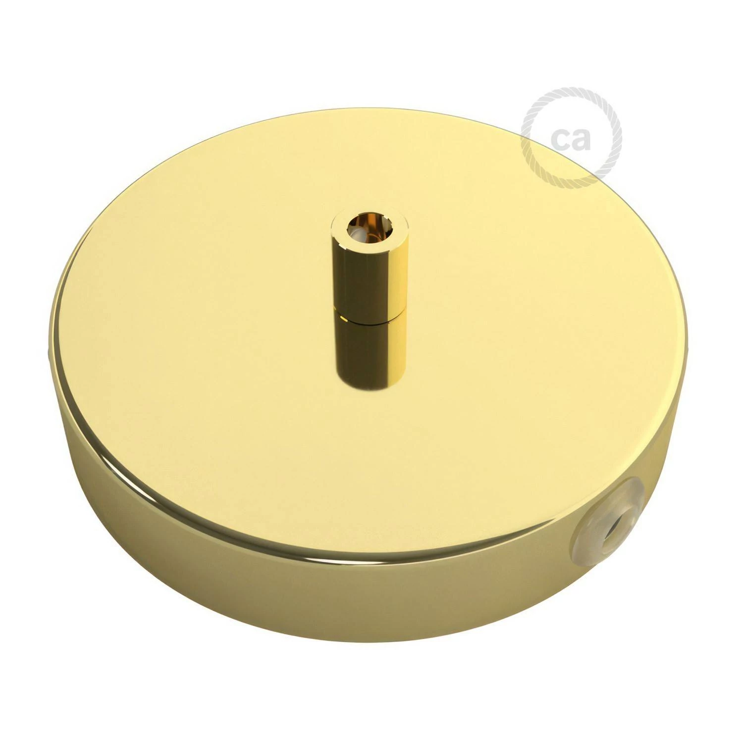 Strak design 120 mm. cilindrische metalen plafondkap met 1 centraal gat en 2 zijgaten en toebehoren