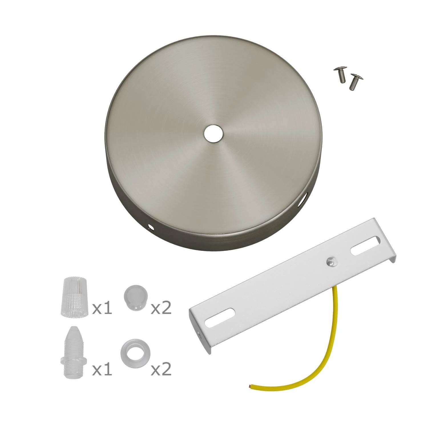 Strak design 120 mm. cilindrische metalen plafondkap met 1 centraal gat en 2 zijgaten en toebehoren