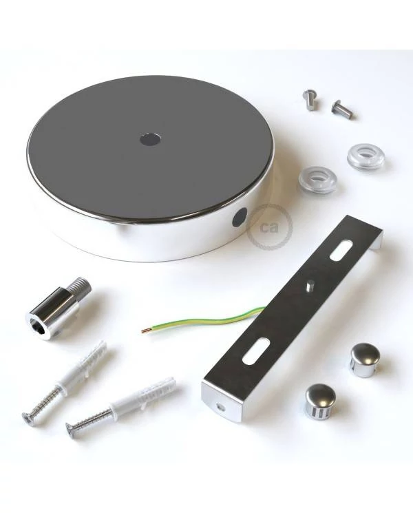 Strak design 120 mm. cilindrische metalen plafondkap met 1 centraal gat en 2 zijgaten en toebehoren