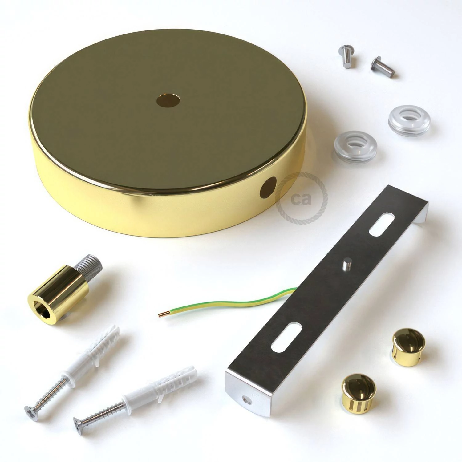Strak design 120 mm. cilindrische metalen plafondkap met 1 centraal gat en 2 zijgaten en toebehoren