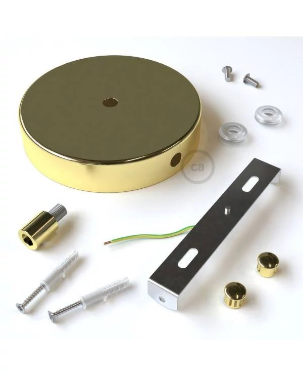 Strak design 120 mm. cilindrische metalen plafondkap met 1 centraal gat en 2 zijgaten en toebehoren
