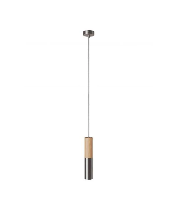 Hanglamp compleet met textielkabel en dubbele Tub-E14 houten en metalen afwerking - Made in Italy