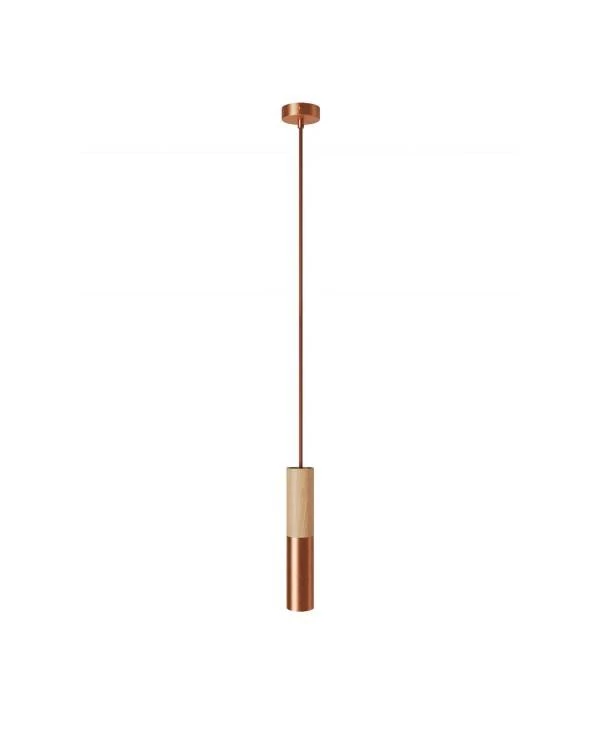 Hanglamp compleet met textielkabel en dubbele Tub-E14 houten en metalen afwerking - Made in Italy