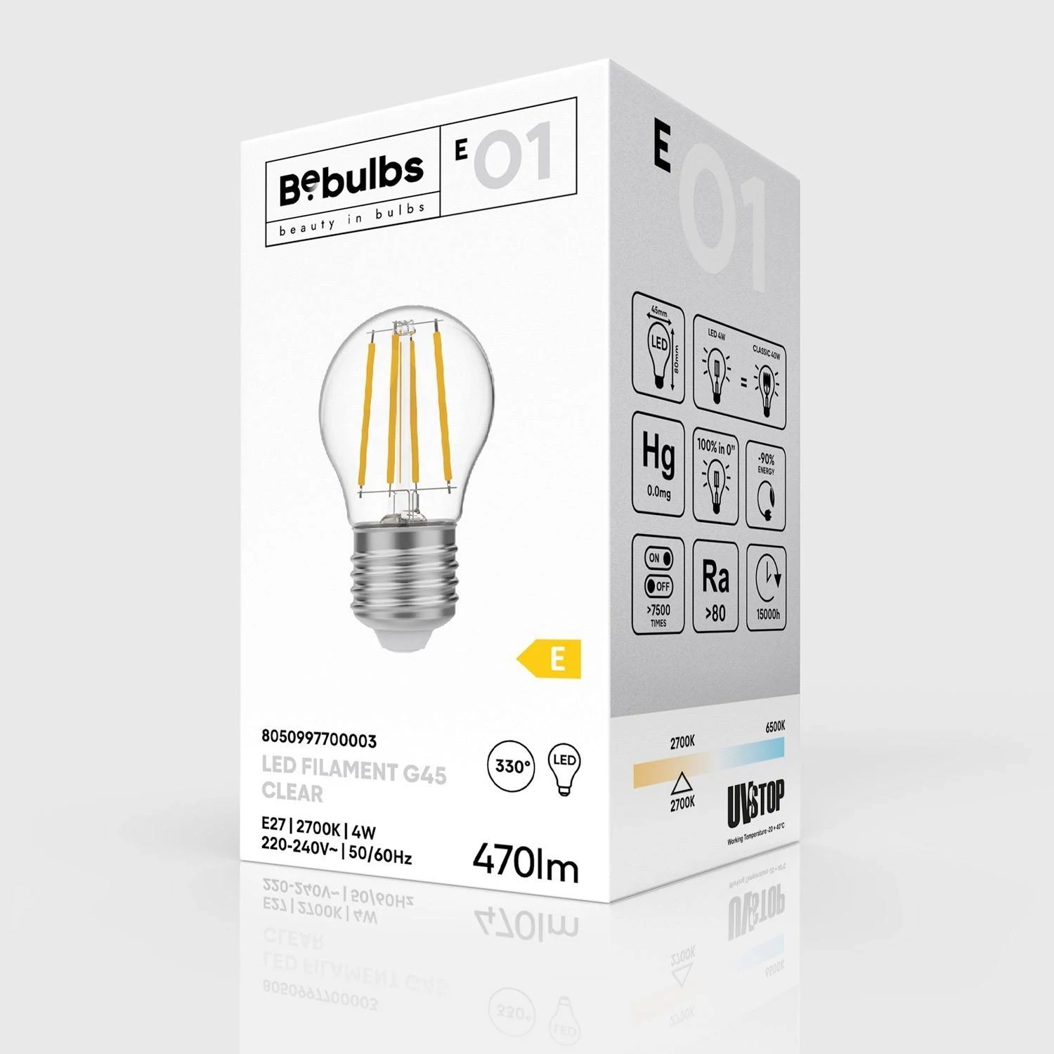 LED heldere mini gloeilamp G45 4W 470Lm E27 2700K - E01