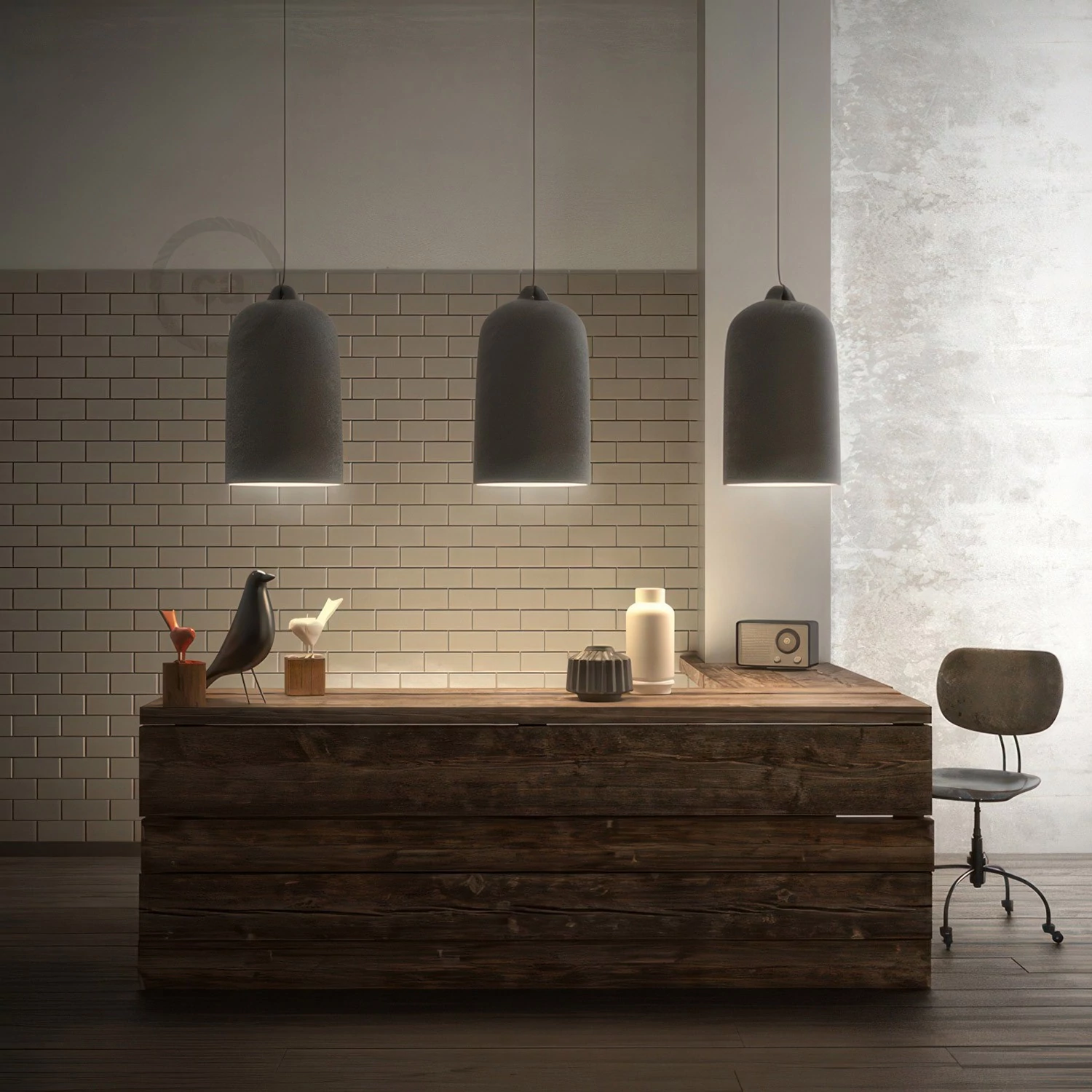 Hanglamp vervaardigd in Italië met textiel kabel, Cloche XL kap in keramiek