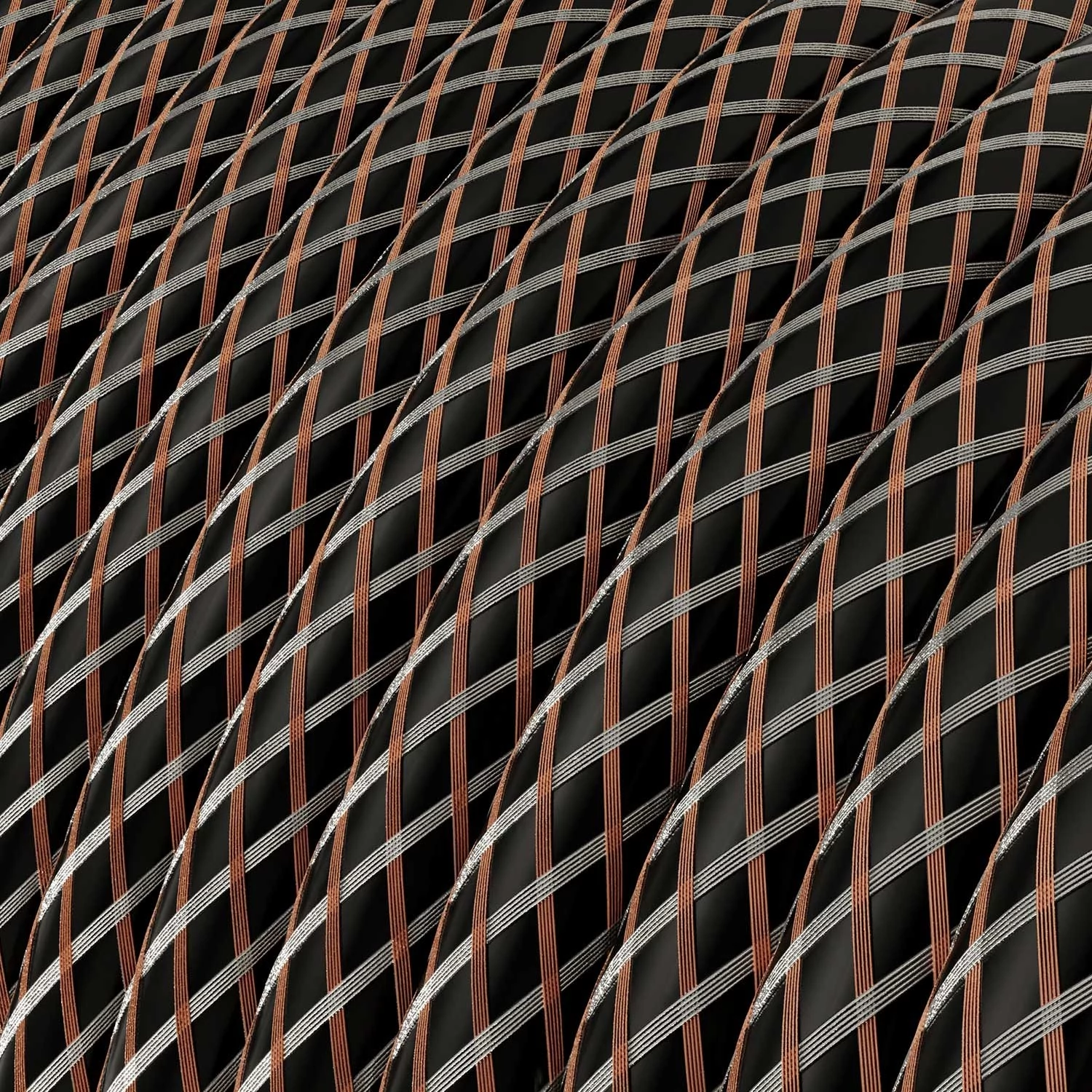 Hanglamp vervaardigd in Italië met textiel kabel, platte keramische kap en metalen afwerking