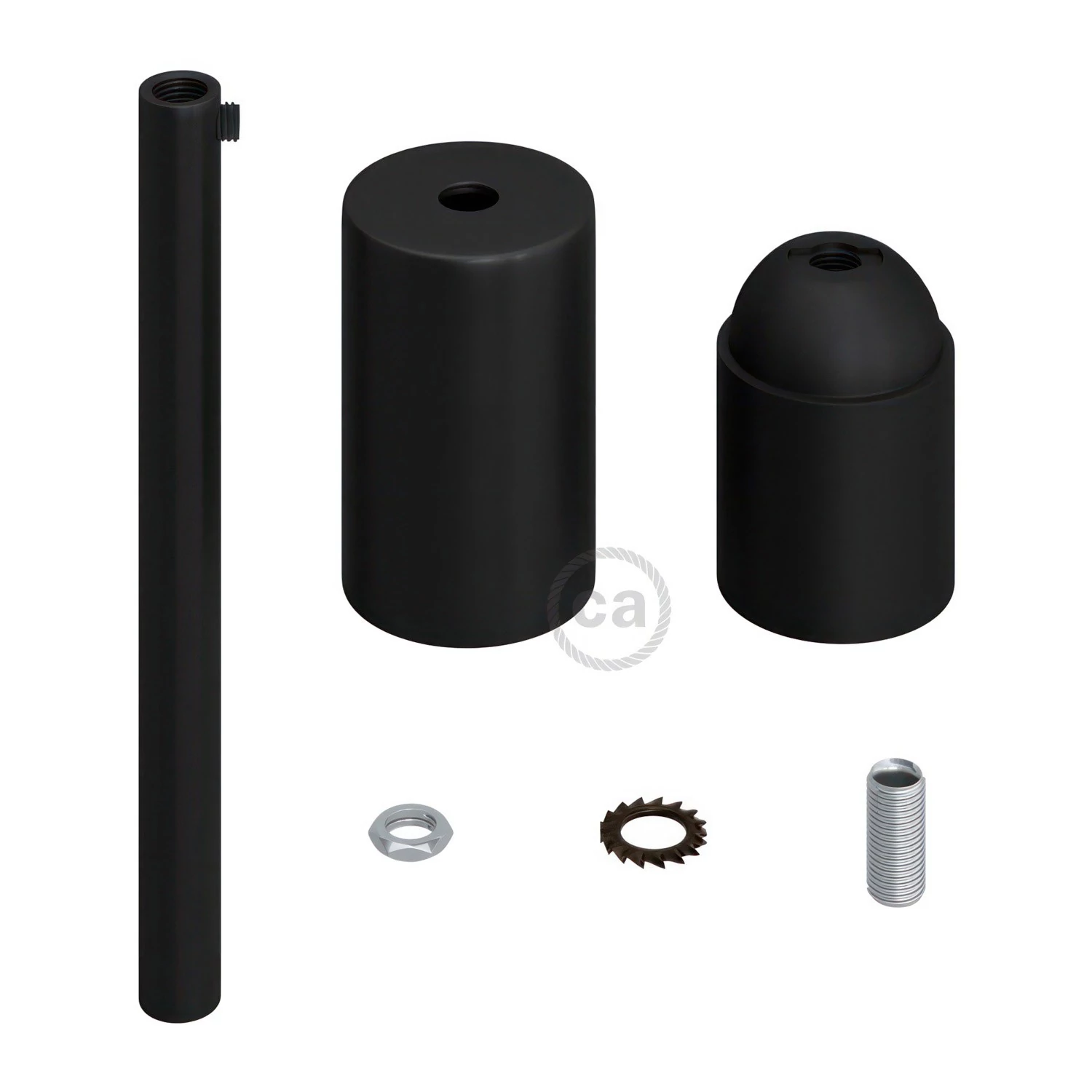 Cilindrische metalen E27 fittinghouder kit met 15 cm. trekontlaster