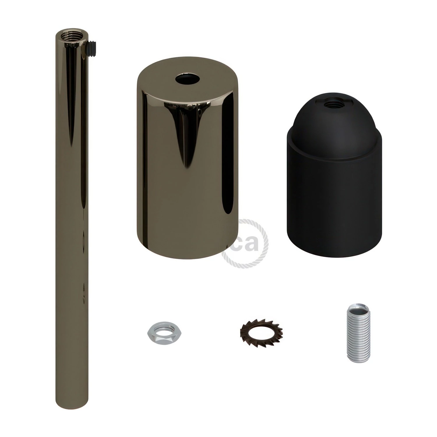Cilindrische metalen E27 fittinghouder kit met 15 cm. trekontlaster