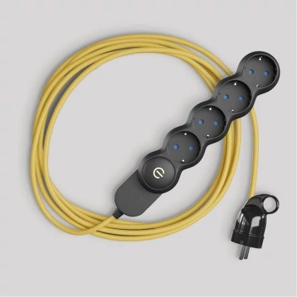 Schuko stekkerdoos met felgele stoffen kabel en Schuko-plug met comfortring - zwart