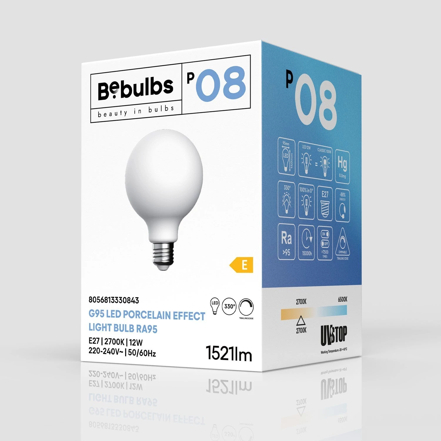 Porselein effect LED-lamp CRI 95 G95 12W 1521Lm E27 2700K Dimbaar - P08