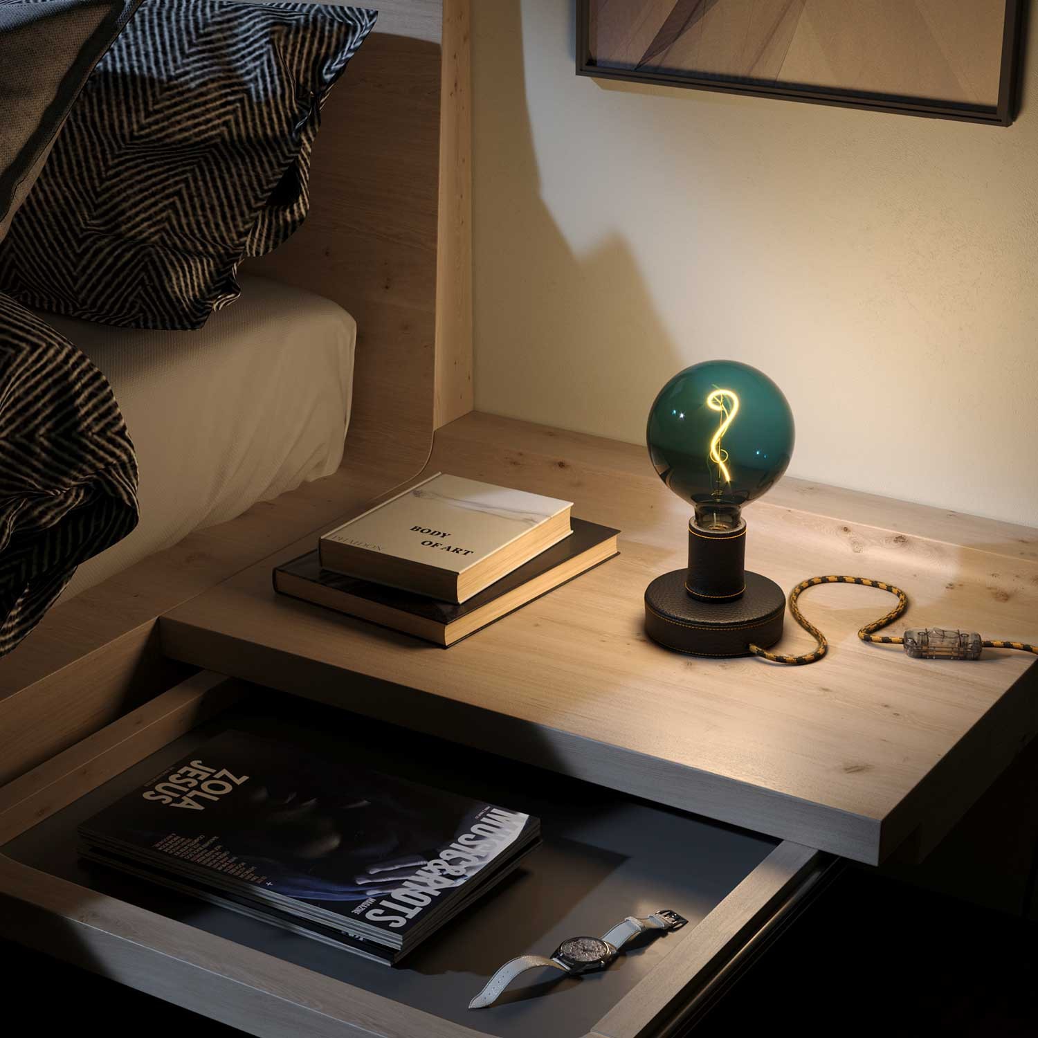 Posaluce Leather, houten tafellamp inclusief lichtbron, textielkabel, schakelaar en 2-polige stekker