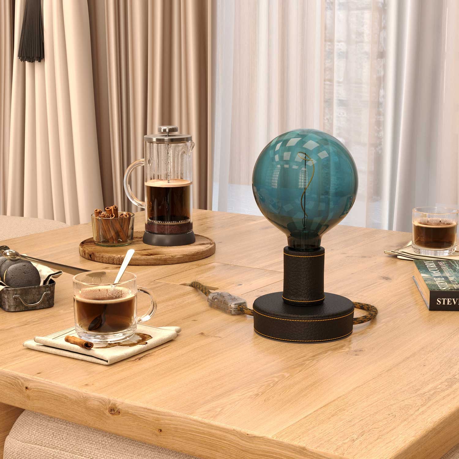 Posaluce Leather, houten tafellamp inclusief lichtbron, textielkabel, schakelaar en 2-polige stekker