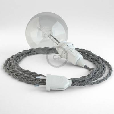 "Snake" hanglamp met extra lang strijkijzersnoer gevlochten grijs linnen TN02