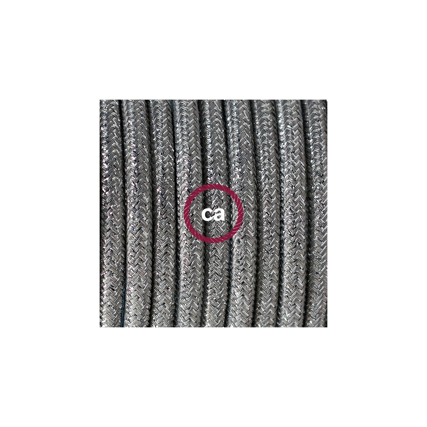 Ronde flexibele textielkabel van viscose met schakelaar en stekker. RL02 - lame (glinsterend) zilver 1,80 m.