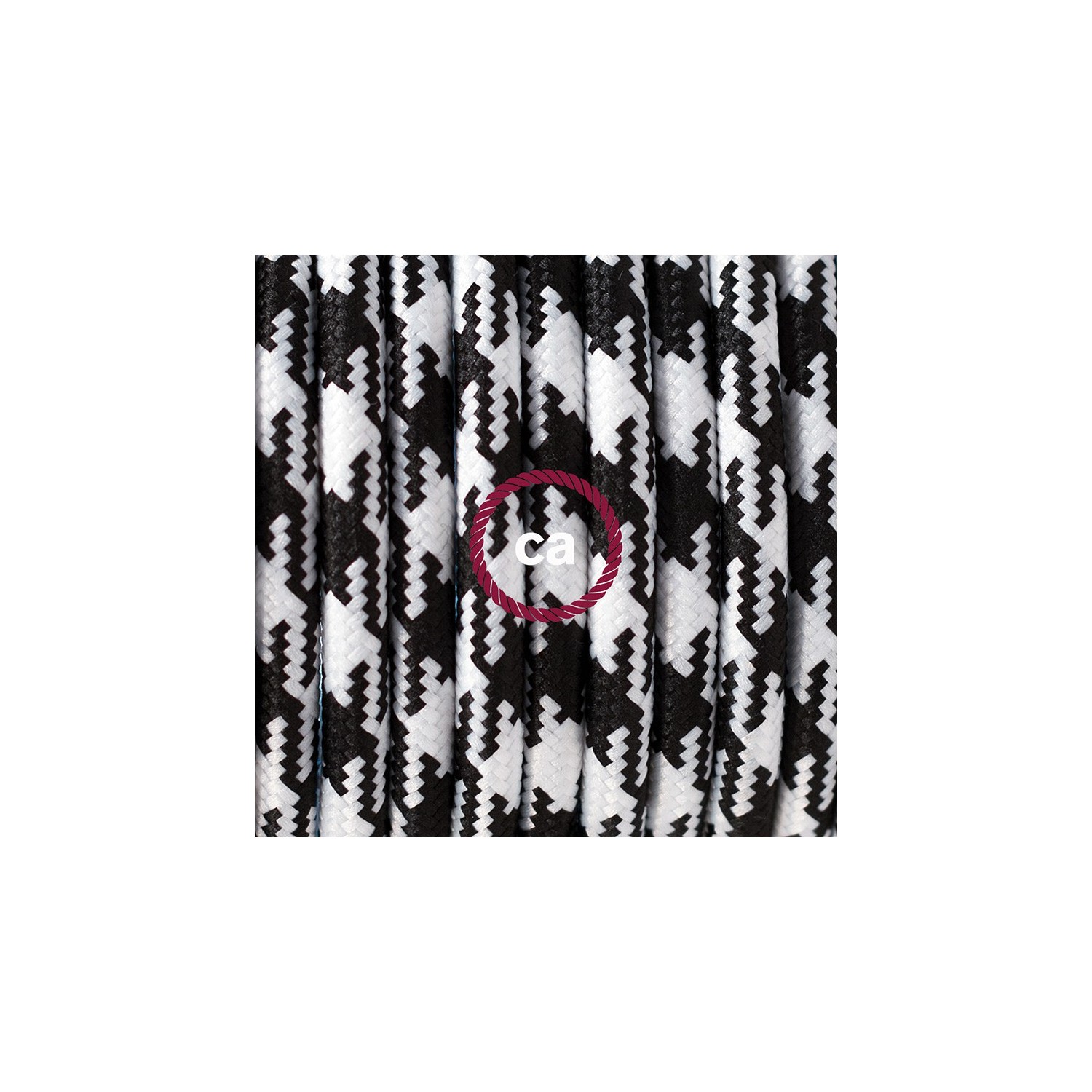 Ronde flexibele textielkabel van viscose met schakelaar en stekker.TO212 - tweekleurig wit/zwart 1,80 m.