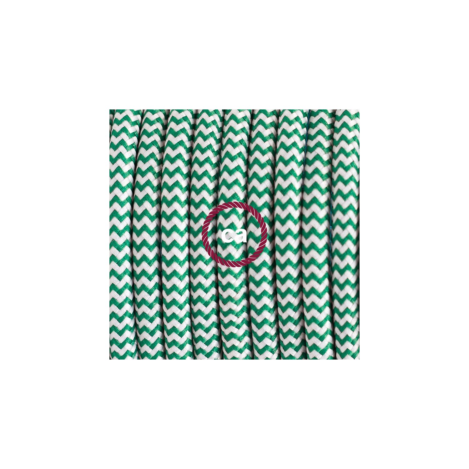 Ronde flexibele textielkabel van viscose met schakelaar en stekker.RZ06 - zigzag wit/groen 1,80 m.