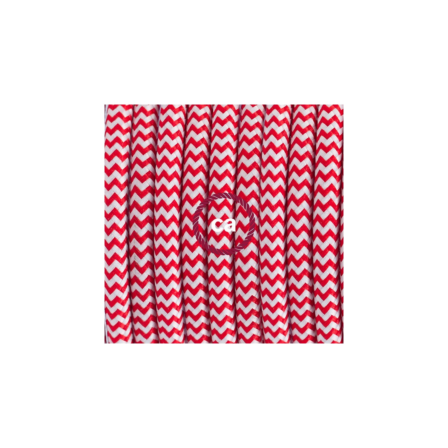 Ronde flexibele textielkabel van viscose met schakelaar en stekker.RZ09 - zigzag wit/rood 1,80 m.