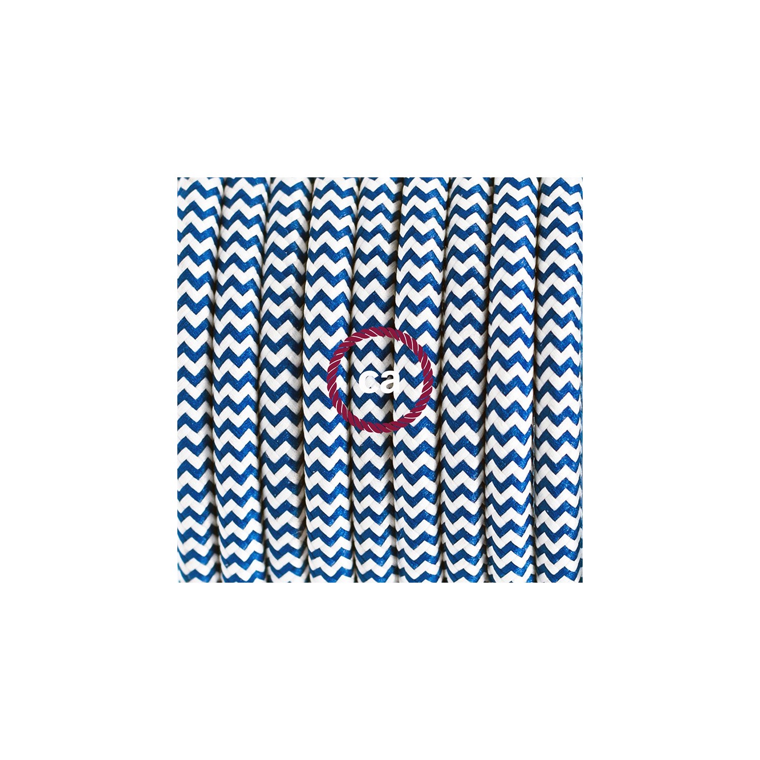 Ronde flexibele textielkabel van viscose met schakelaar en stekker. RZ12 - zigzag wit/blauw 1,80 m.