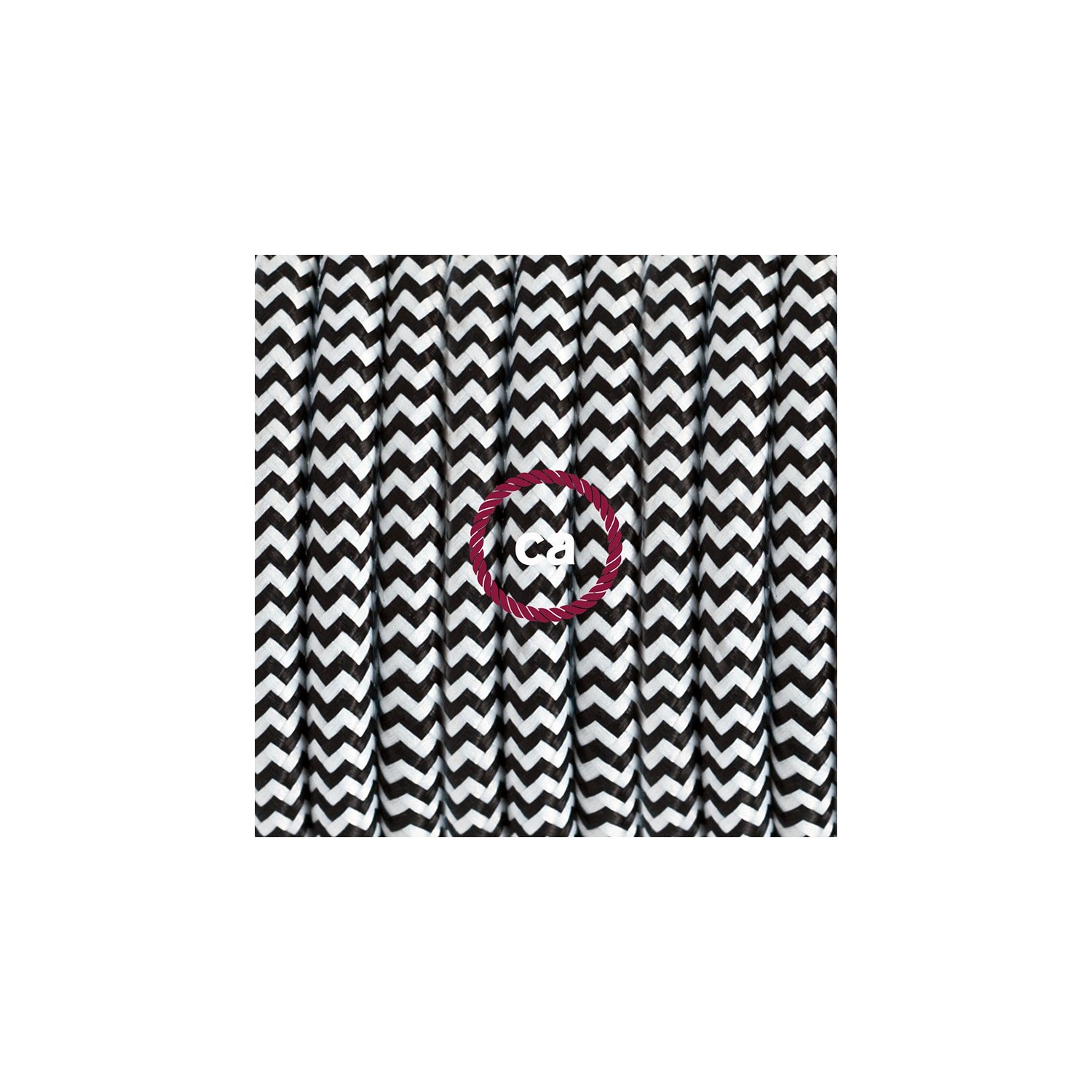 Ronde flexibele textielkabel van viscose met schakelaar en stekker. RZ04 - zigzag wit/zwart 1,80 m.
