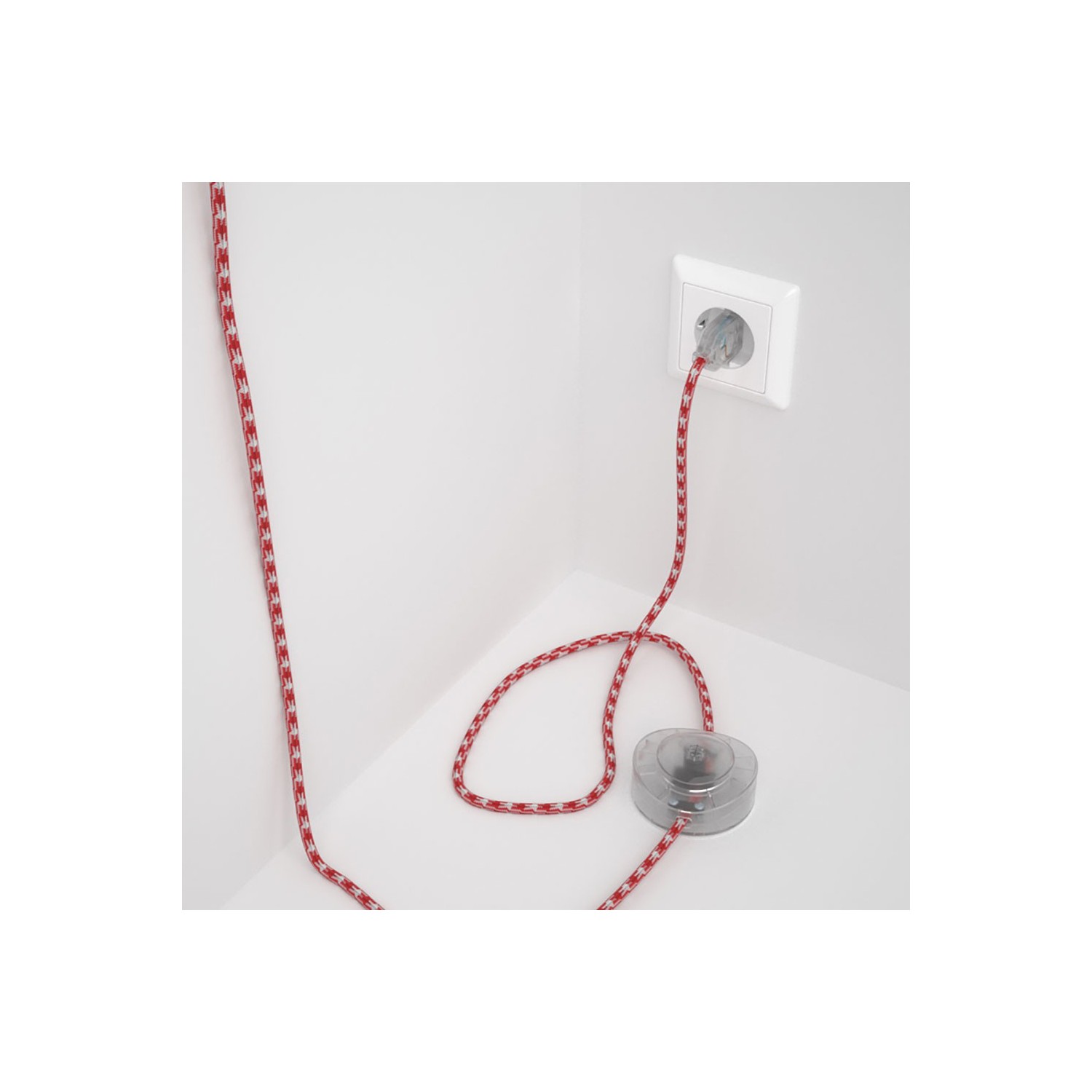 Strijkijzersnoer set RP09 rood - wit tweekleurig viscose 3 m. voor staande lamp met stekker en voetschakelaar.