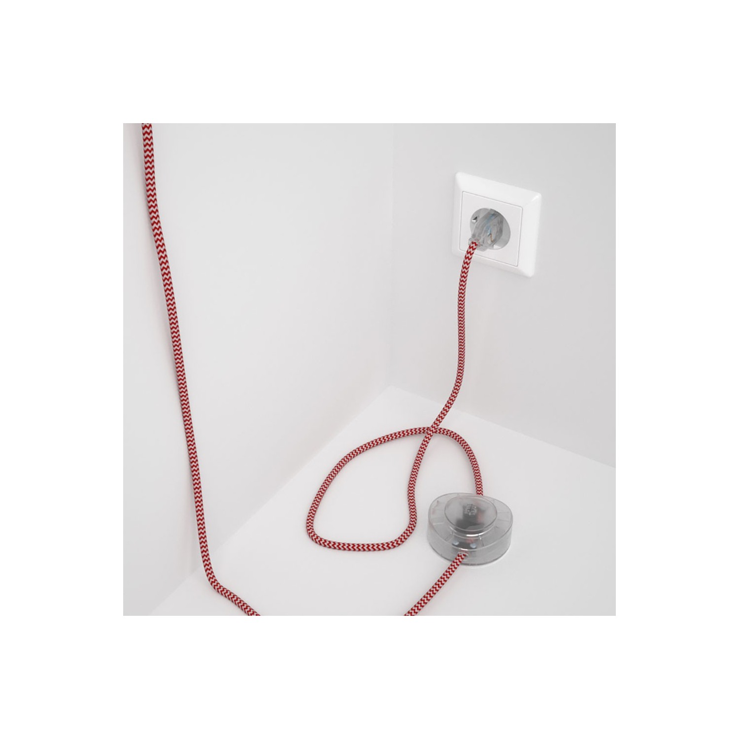Strijkijzersnoer set RZ09 rood zigzag viscose 3 m. voor staande lamp met stekker en voetschakelaar.