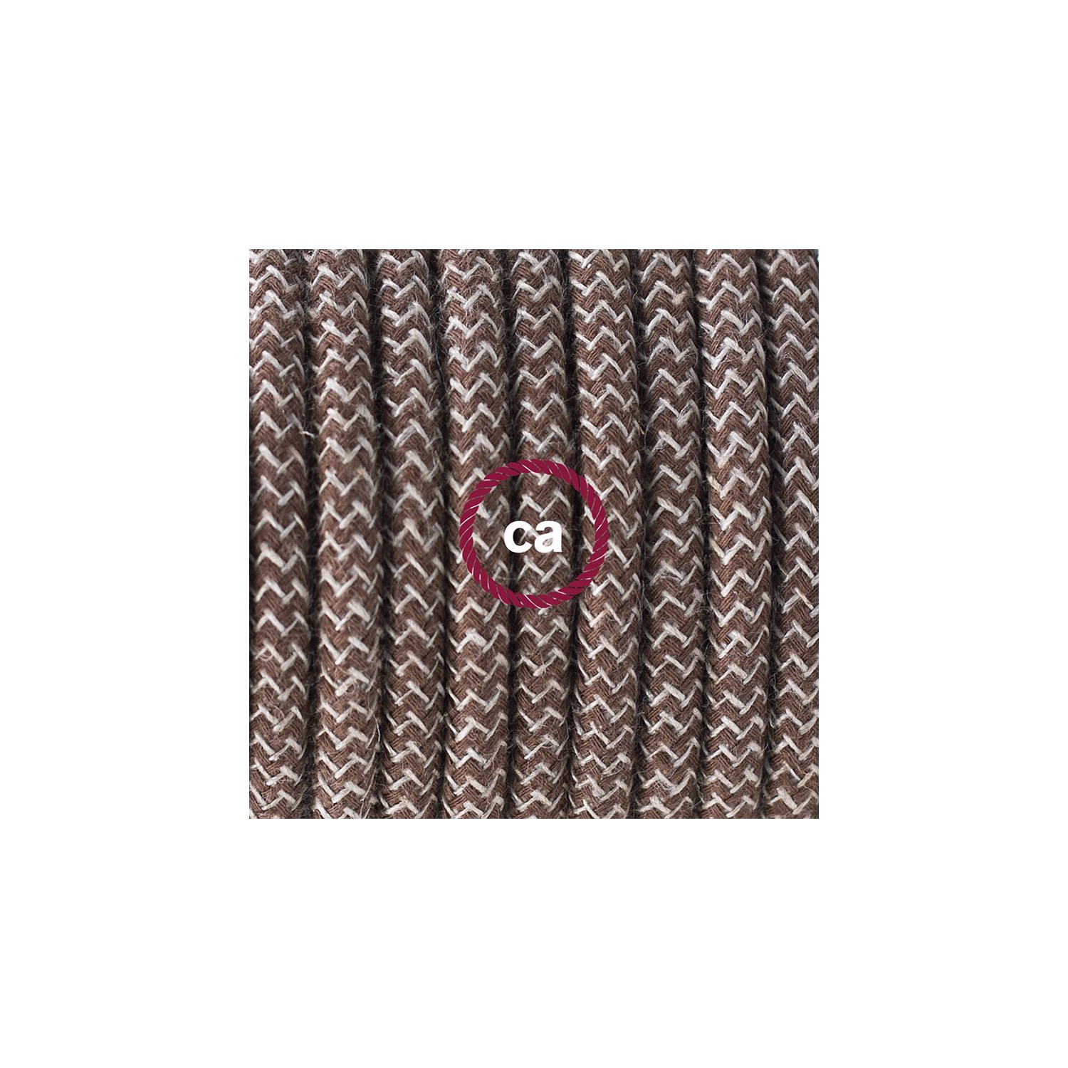 Ronde flexibele textielkabel van katoen en linnen met schakelaar en stekker. RD73 - zigzag bruine bast en linnen 1,80 m.