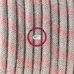 Ronde flexibele textielkabel van katoen en linnen met schakelaar en stekker. RD51 - streep motief "oud" roze en linnen 1,80 m.
