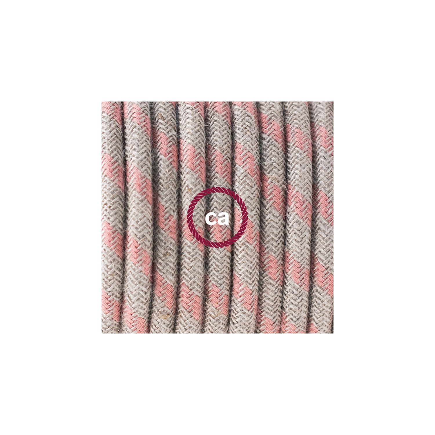 Ronde flexibele textielkabel van katoen en linnen met schakelaar en stekker. RD51 - streep motief "oud" roze en linnen 1,80 m.