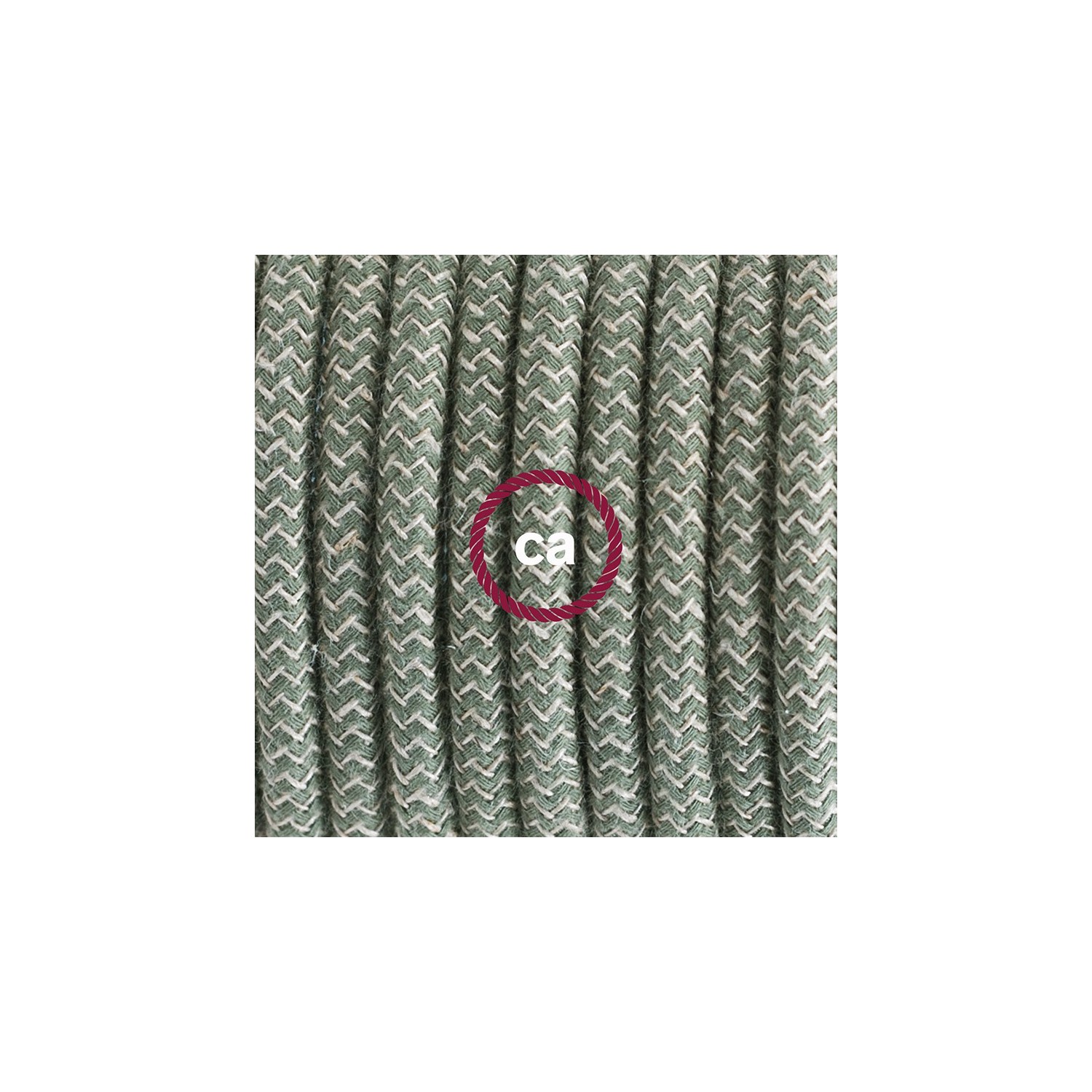 Ronde flexibele textielkabel van katoen en linnen met schakelaar en stekker. RD72 - zigzag groen tijm en linnen 1,80 m.
