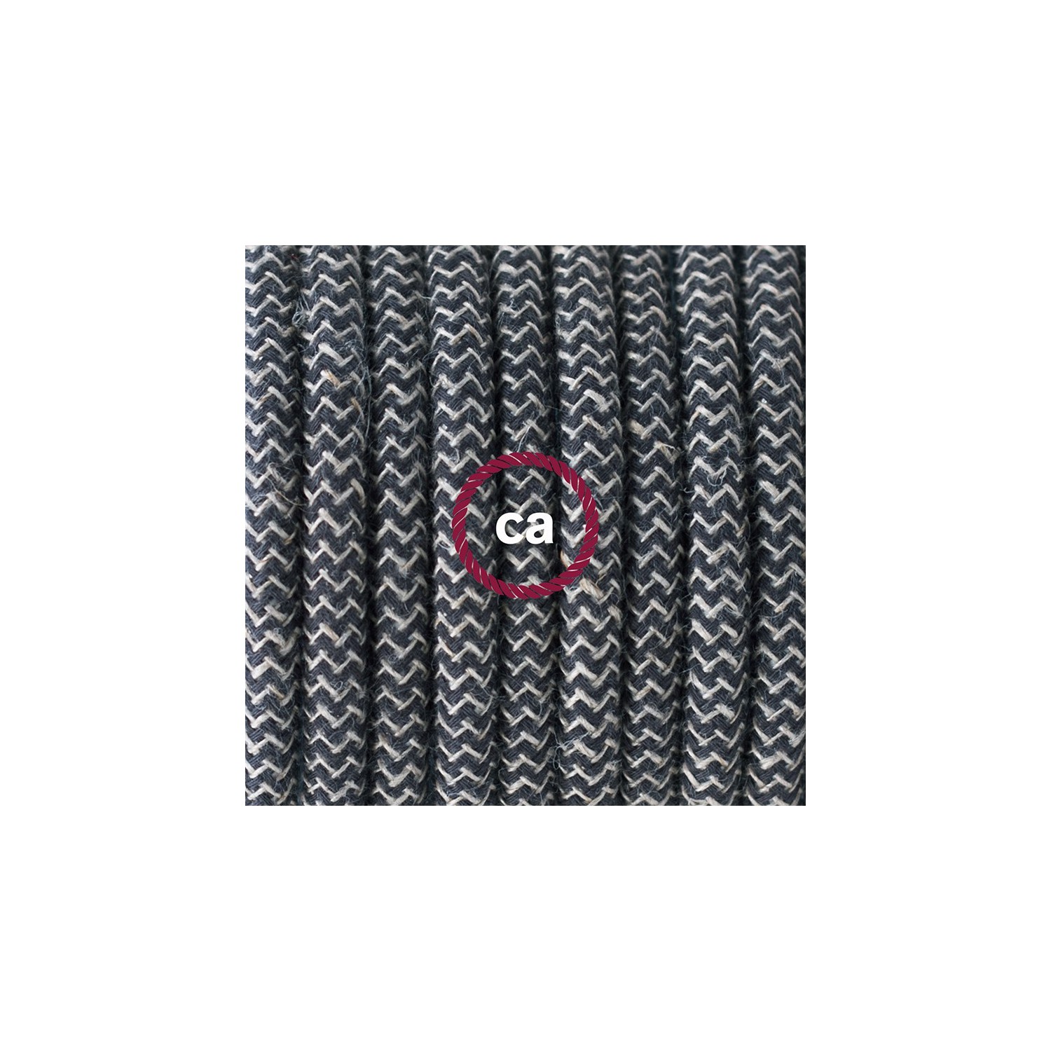 Ronde flexibele textielkabel van katoen en linnen met schakelaar en stekker. RD74 - zigzag antraciet en linnen 1,80 m.