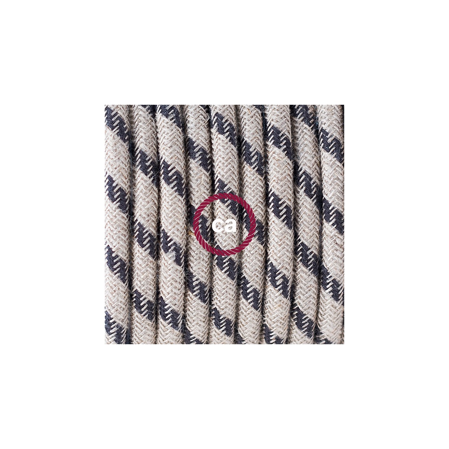 Ronde flexibele textielkabel van katoen en linnen met schakelaar en stekker. RD54 - streep moetief antraciet en linnen 1,80 m.