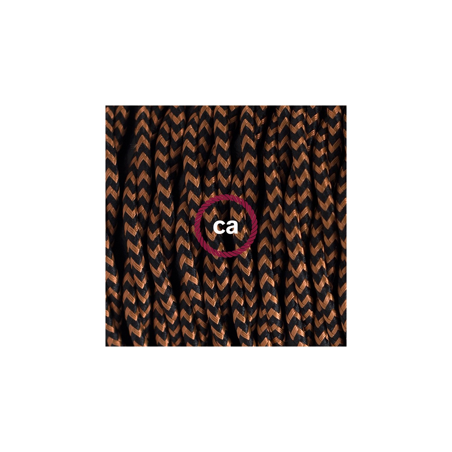Gevlochten flexibele textielkabel van viscose met schakelaar en stekker. TZ22- zwart en whiskey 1,80 m.