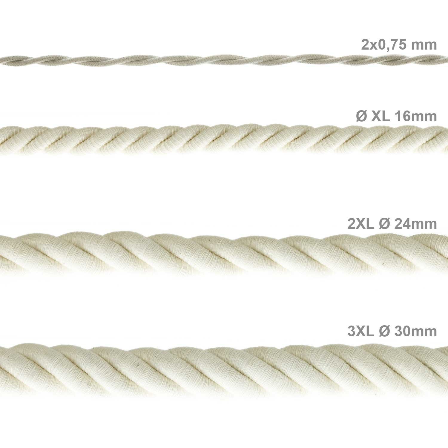 Electrische XL touwkabel, 3 x 0,75 mm. Binnenkabels bedekt met textiel en katoen. Diameter 16 mm.