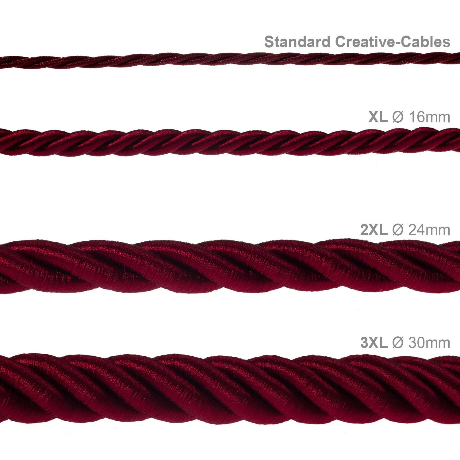 Electrische XL touwkabel, 3 x 0,75 mm. Binnenkabels bedekt met bordeaux textiel. Diameter 16 mm.