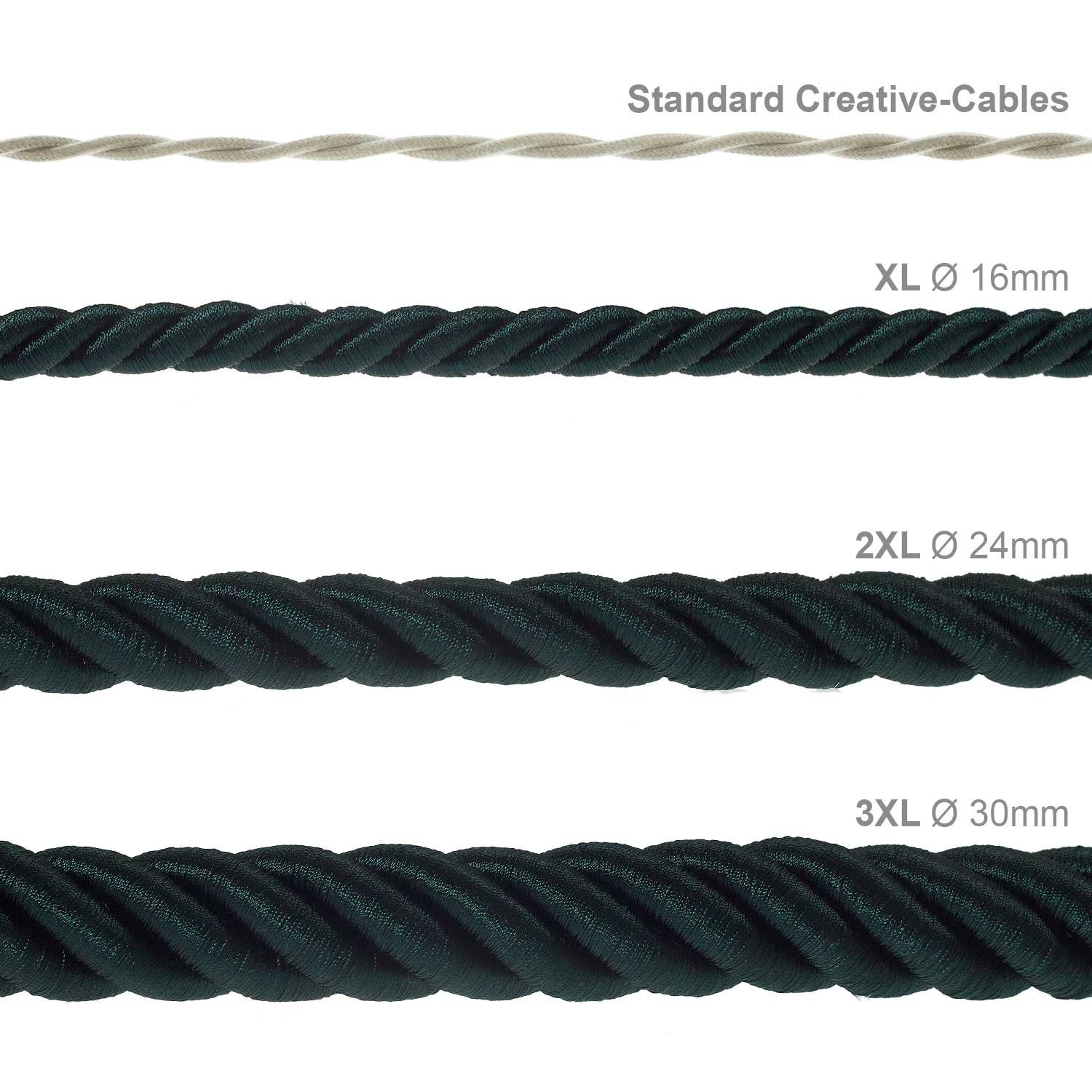 Electrische XL touwkabel, 3 x 0,75 mm. Binnenkabels bedekt met donkergroen textiel. Diameter 16 mm.