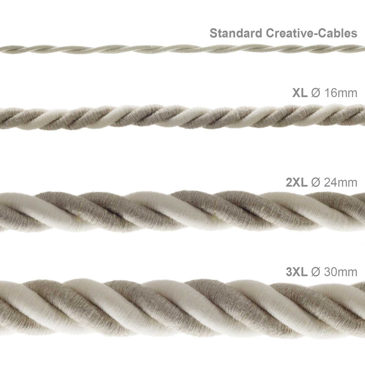 Electrische 2XL touwkabel, 3 x 0,75 mm. Binnenkabels bedekt met textiel, katoen en natuurlijk linnen. Diameter 24 mm.