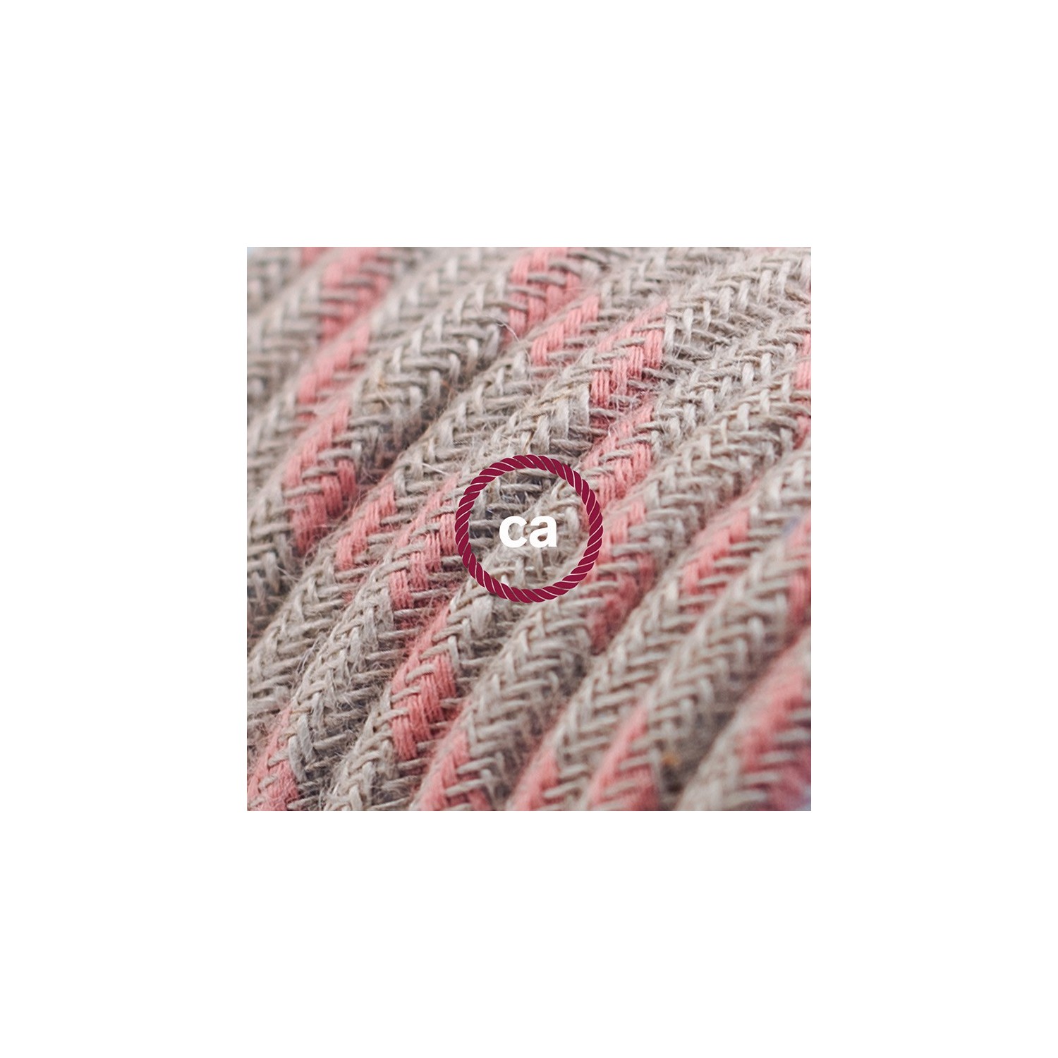 Verlengkabel 2P 10A met rond flexibel strijkijzersnoer RD51 van oud roze strepen katoen en natuurlijk linnen