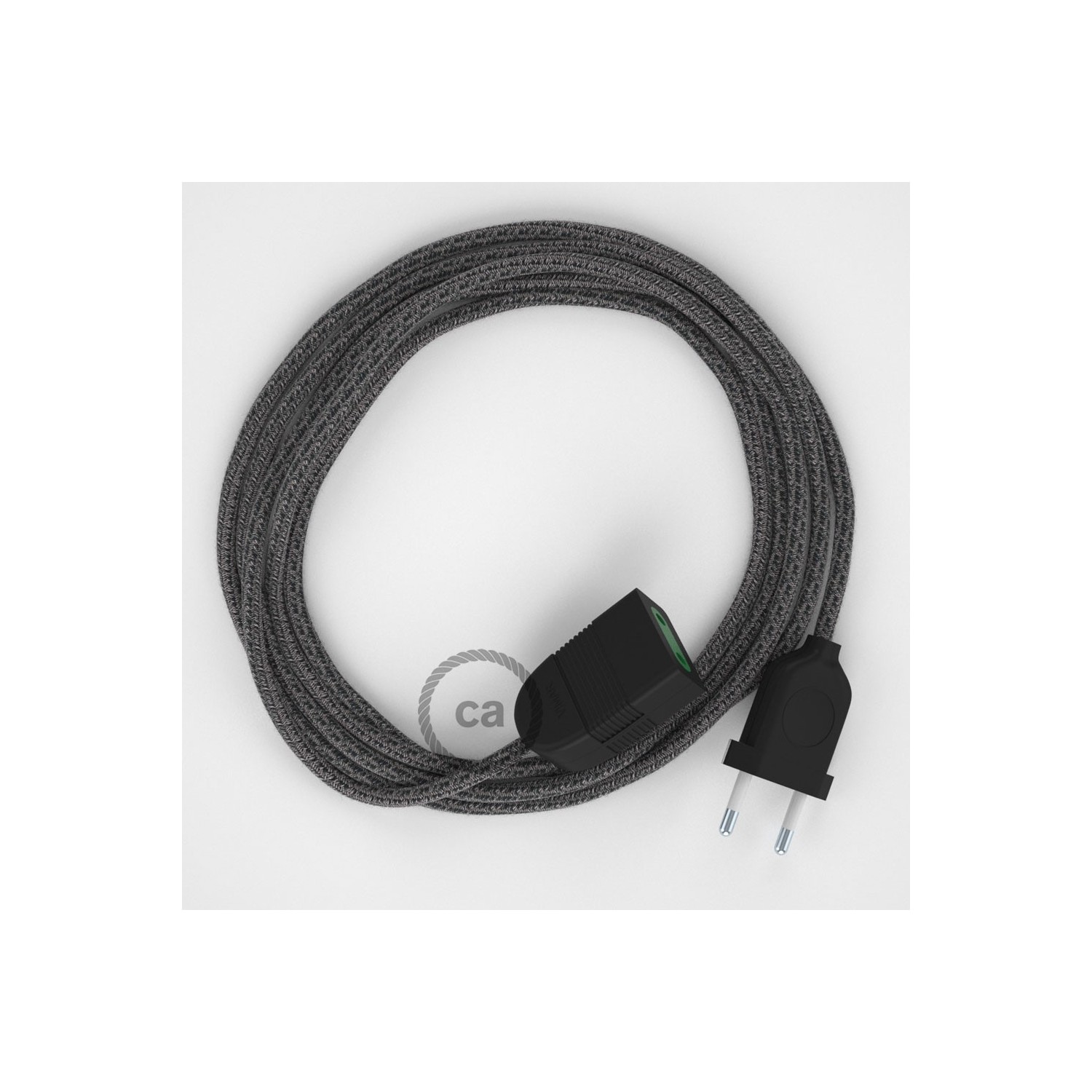 Verlengkabel 2P 10A met rond flexibel strijkijzersnoer RS81 van zwart katoen en natuurlijk linnen