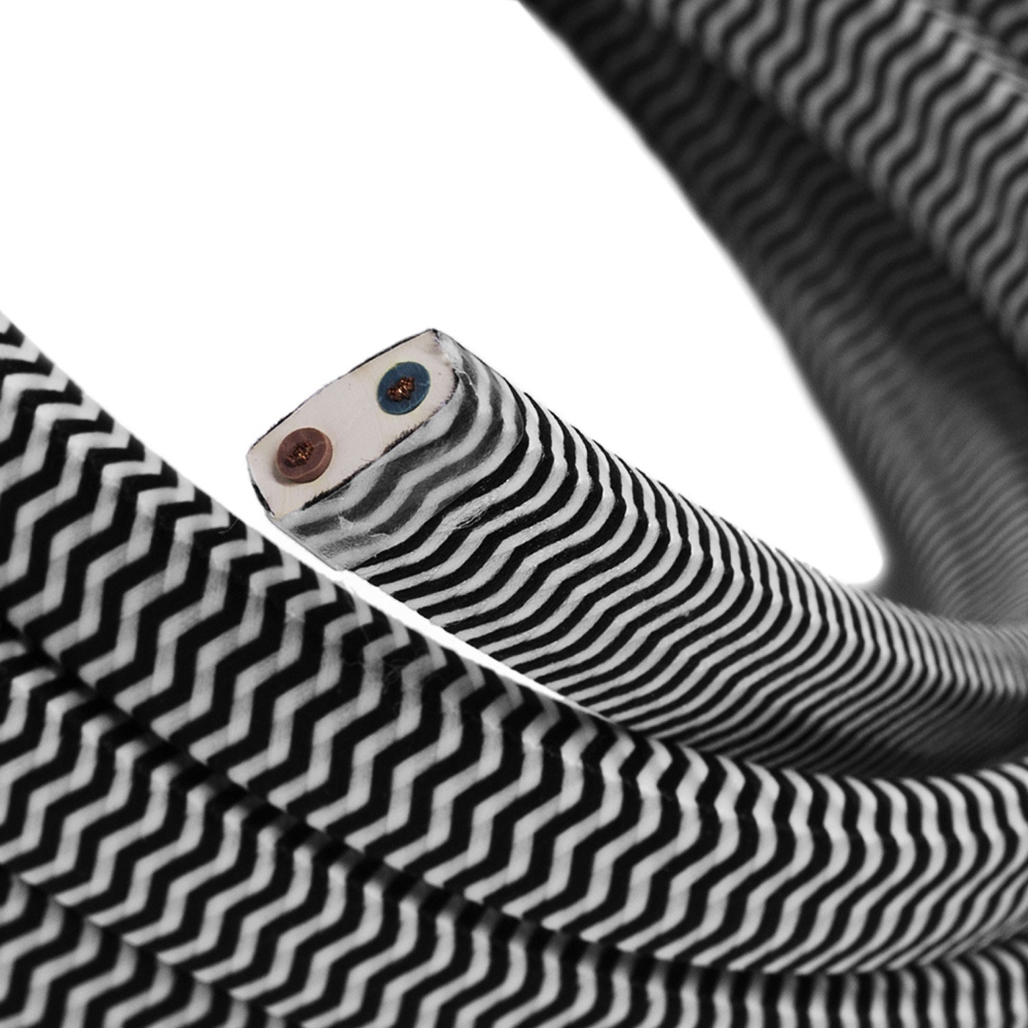 Met textiel omweven 220 V prikkabel, zigzag zwart-wit viscose CZ04