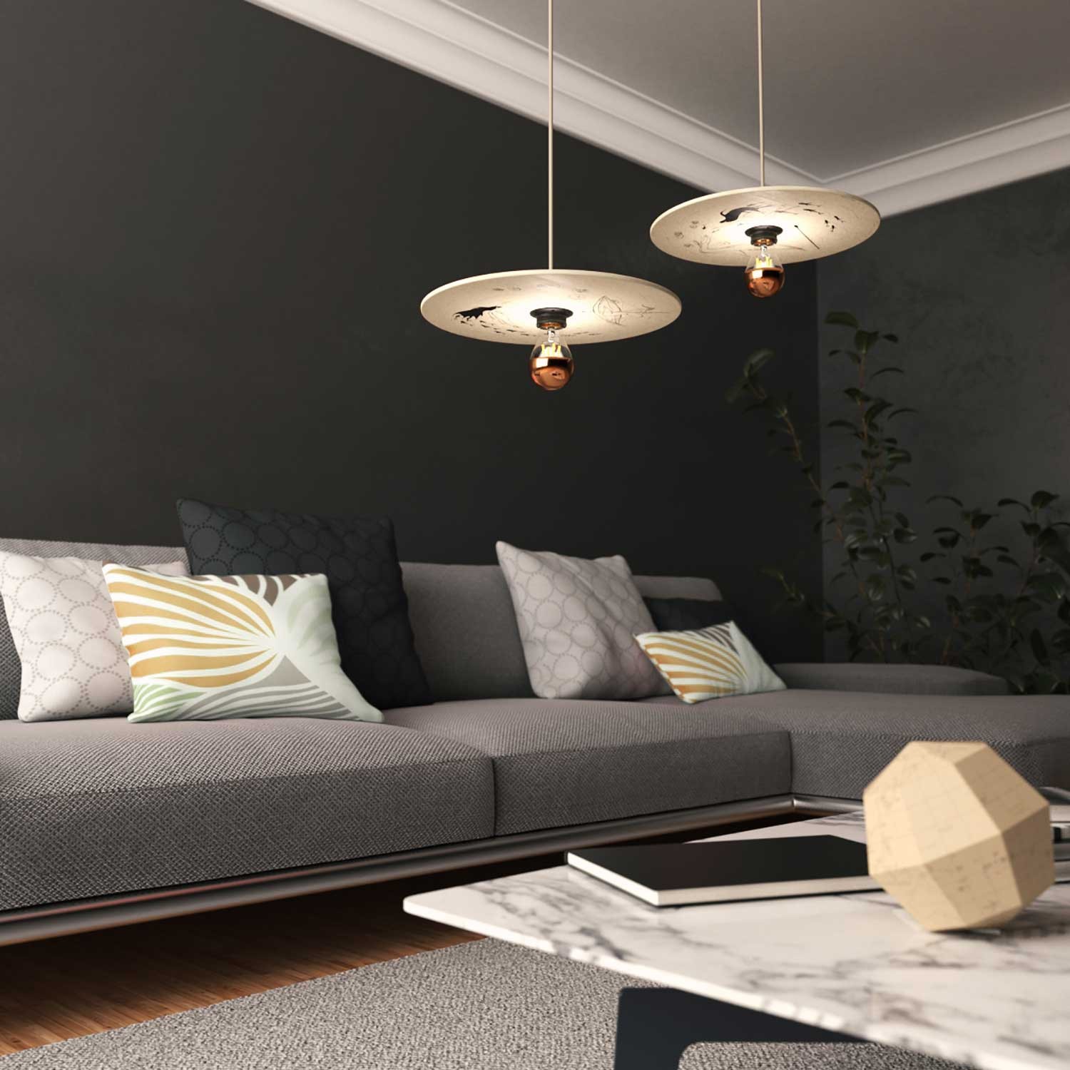 Hanglamp vervaardigd in Italië met textielkabel, UFO lampenkap in dubbelzijdige hout- en metaalafwerking