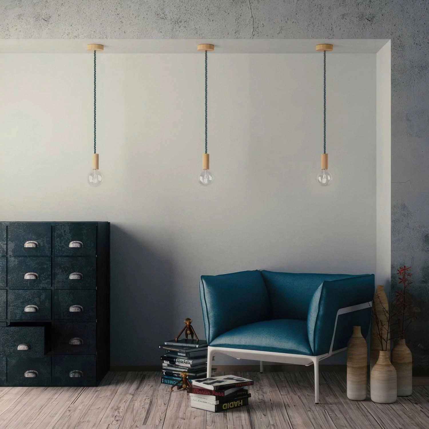 Electrische XL touwkabel, 3 x 0,75 mm. Binnenkabels bedekt met donkergroen textiel. Diameter 16 mm.