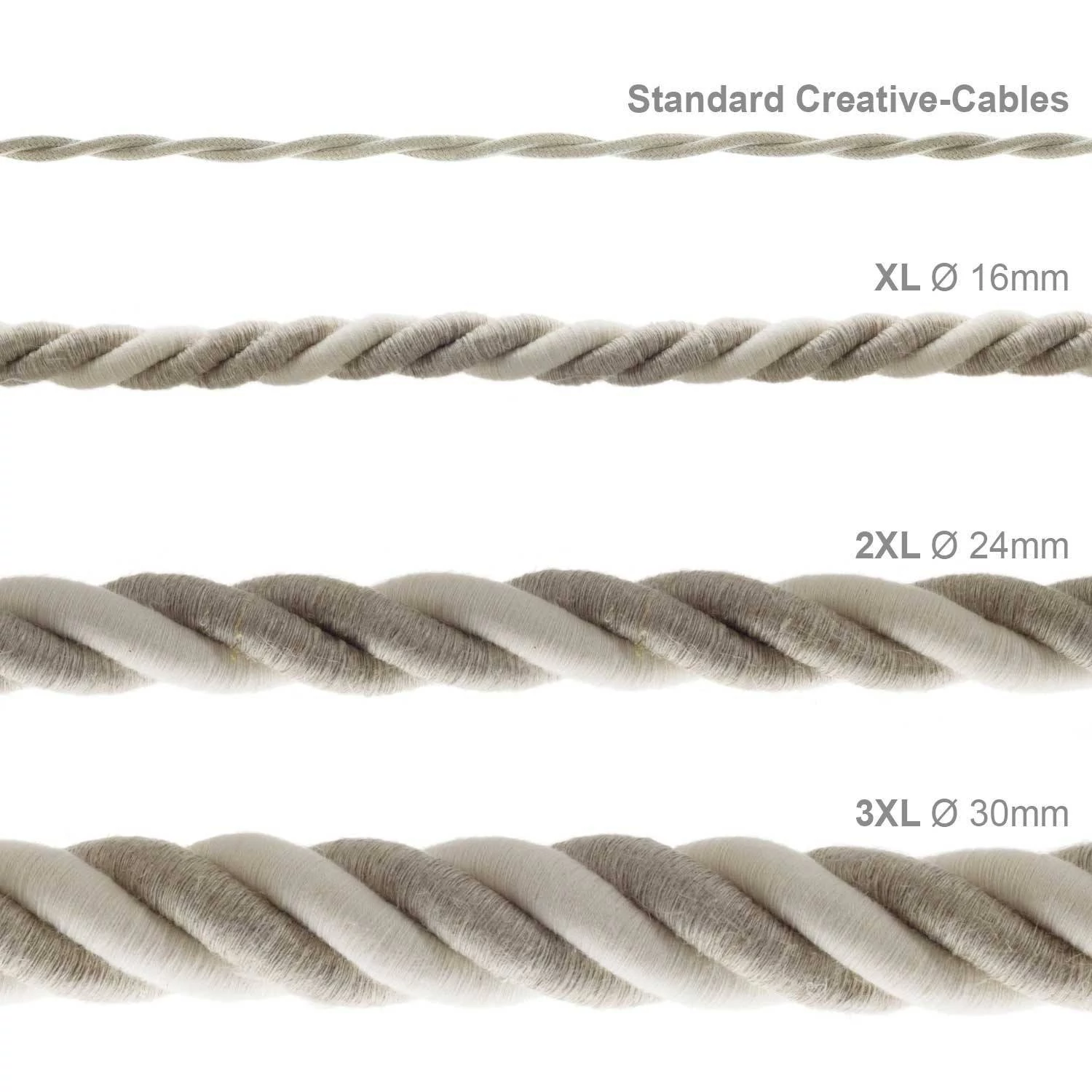 Electrische XL touwkabel, 3 x 0,75 mm. Binnenkabels bedekt met textiel, katoen en natuurlijk linnen. Diameter 16 mm.