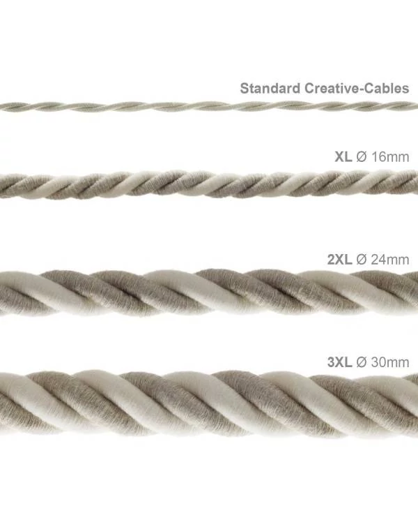 Electrische 3XL touwkabel, 3 x 0,75 mm. Binnenkabels bedekt met textiel, katoen en natuurlijk linnen. Diameter 30 mm.