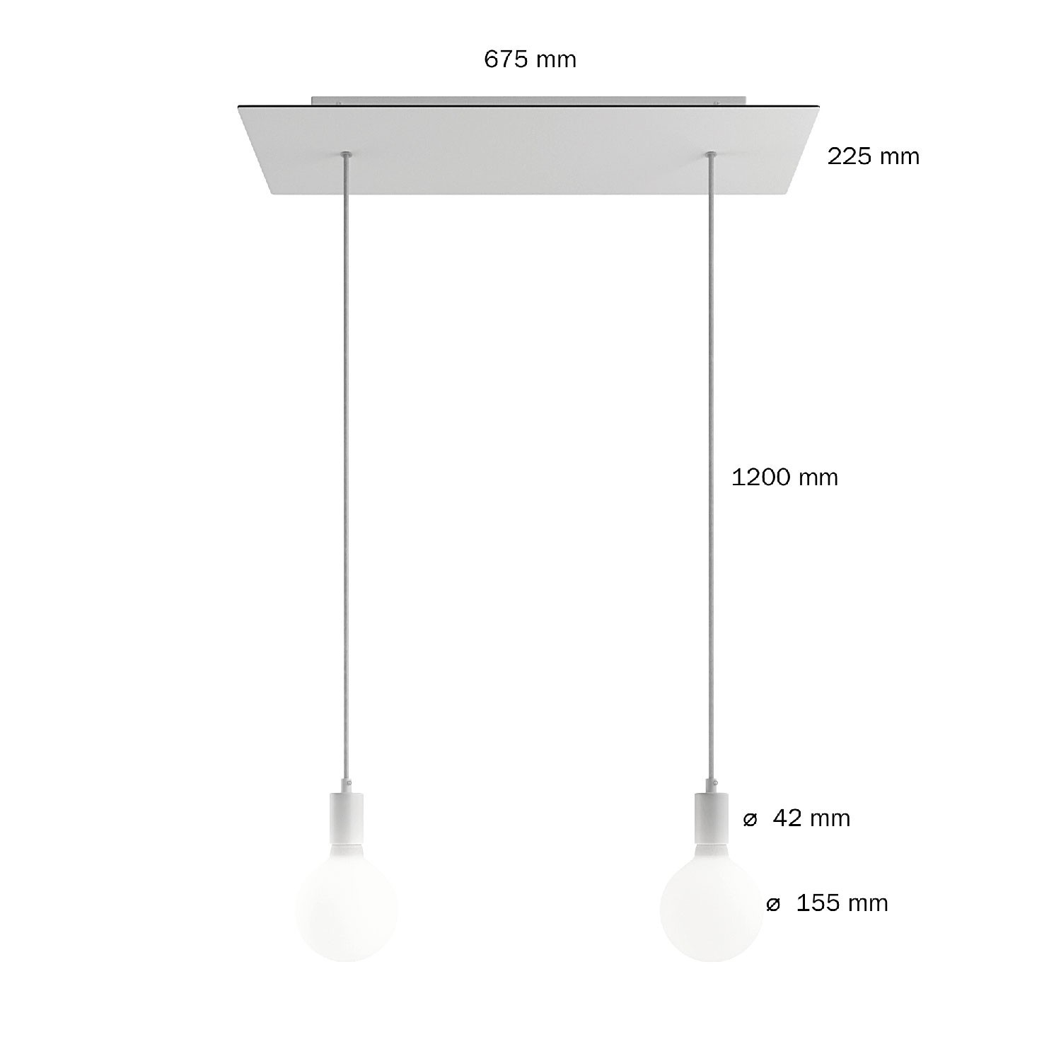 2 lichts-hanglamp voorzien van XXL rechthoekige Rose-One 675 mm compleet met strijkijzersnoer en metalen afwerking